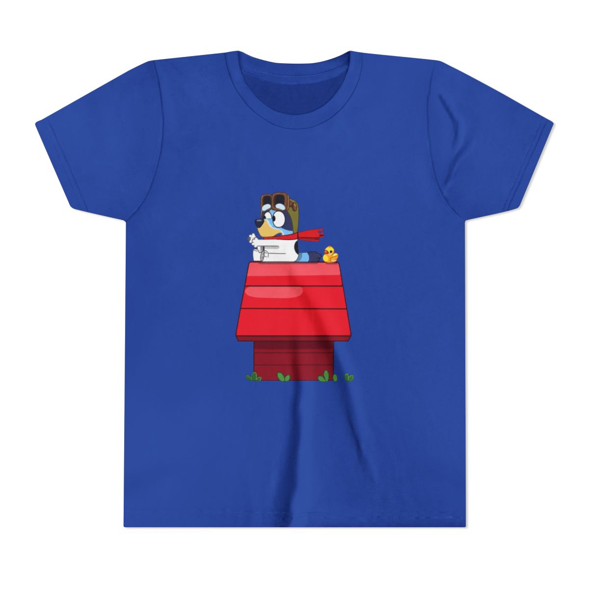 Bluey Flying Ace on Red Doghouse Kids T Shirt - alternate angle 2, merchandise