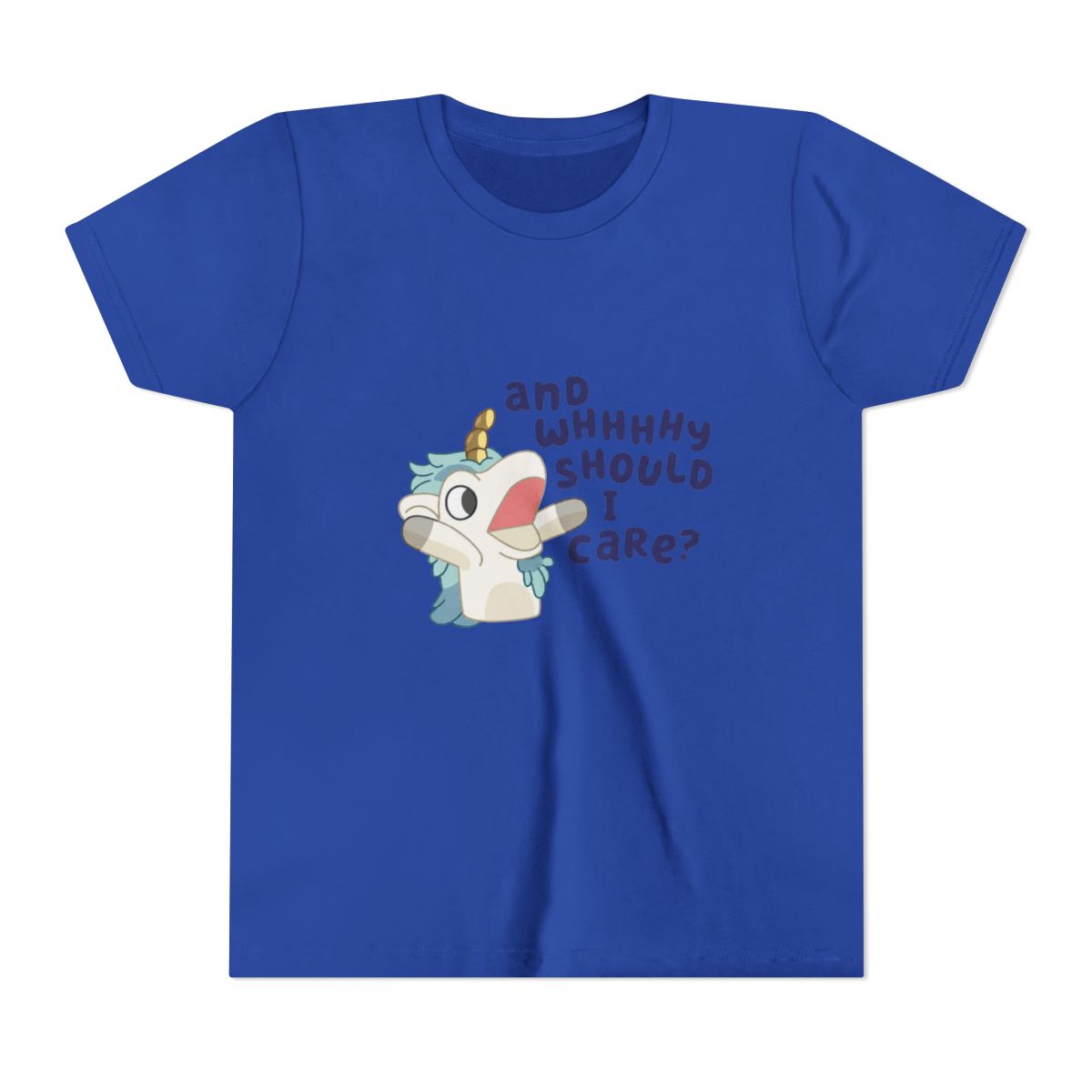 Cute Bluey Unicorse Why Should I Care Bluey Family Vintage Cartoon Kids T Shirt - alternate angle 5, merchandise
